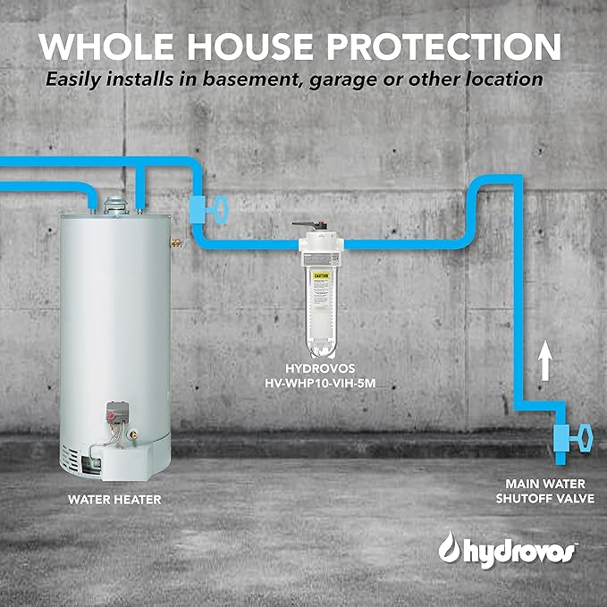 HYDROVOS 10-Inch Whole House Water Filter System, NSF Certified Reduces Sediment, Features 3/4” Stainless Steel Ports, Built-in Pressure Relief and Bypass Valve, One 10" x 2.5" Filter Included