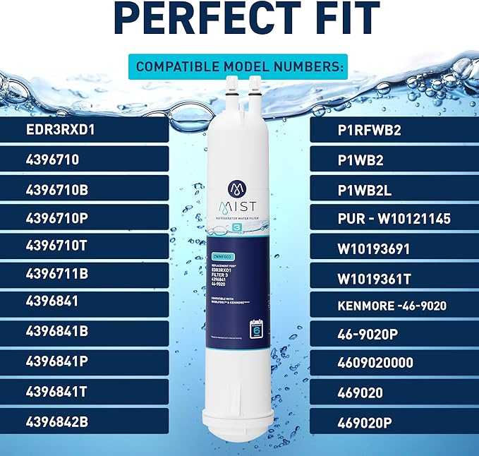 Mist EDR3RXD1 Refrigerator Water Filter Replacement for EveryDrop Filter 3, Whirlpool 4396841, 4396710, Kenmore 46-9030, 46-9083 – NSF 42 Certified – 1 Pack - AquaVibe