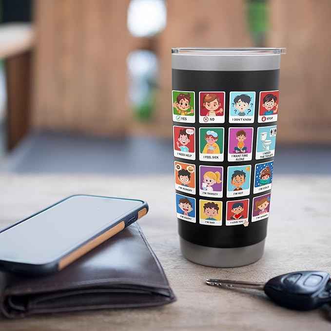 Autism Communication Cards Kids Emotions Speech Therapy AAC Stainless Steel Insulated Tumbler