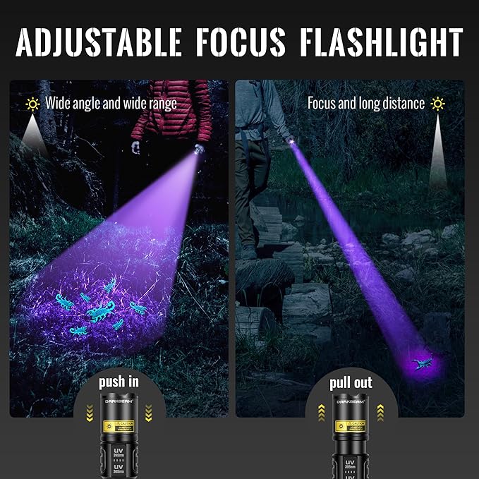 DARKBEAM UV Flashlight 365nm & 395nm Dual Black Light, Blacklight USB Rechargeable LED Ultraviolet Flashlights, Powerful Focusable Woods Lamp Pet Urine Detector, for Uranium Glass, Resin Curing