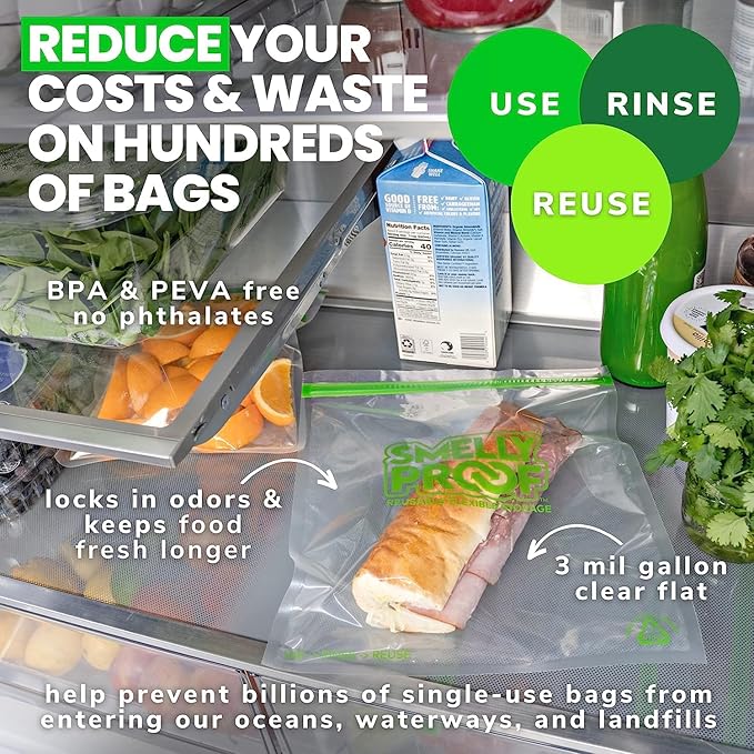 Reusable Storage Bags for Food by Smelly Proof Bags - MADE IN USA, Easy Clean, Dishwasher-Safe, BPA FREE, NO PEVA, XL 3-mil Thick Bags, Extra Large Clear FLAT 10.5" x 12" GALLON 15-Pack