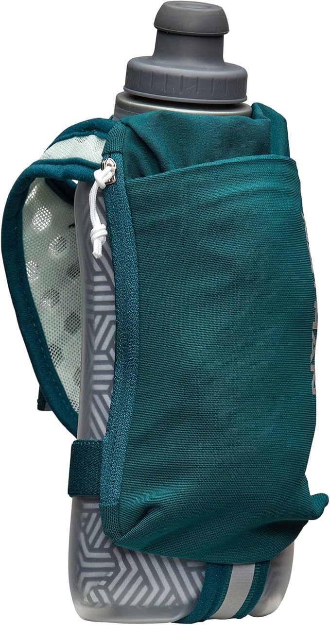 Nathan SpeedDraw 2 Insulated Handheld Running Water Bottle Flask – Double-Wall Insulation, Ergonomic Grip, Blast Valve Cap, Phone & Key Storage Pockets, Reflective Design - 18oz Insulated - Deep Teal