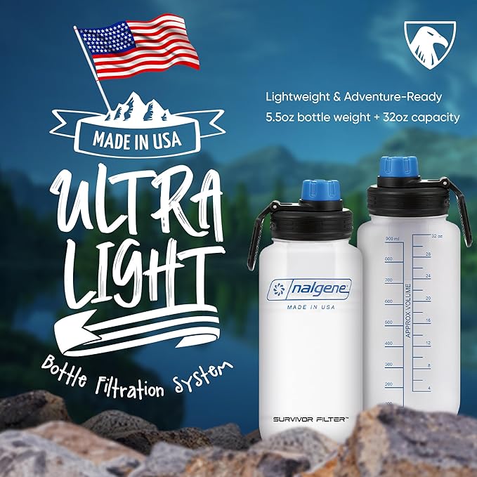 Survivor Filter Americana Ultra Light Filtered Water Bottle – 33.8 oz (1L) – Made in USA – Portable Water Bottle with Filter for Travel, Hiking, Gym & Everyday Use