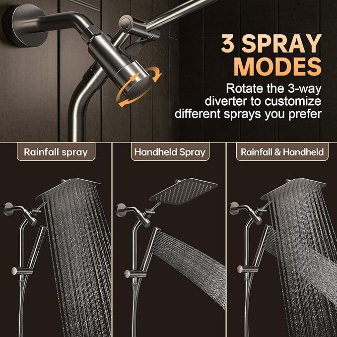 Veken Brushed Nickel Shower Head, 10'' All Metal Rain Shower Heads with Handheld Spray Combo, Hand Held Bathroom Combo with Extension Arm, Dual shower with Power Wash, Adjustable Rainfall Showerhead
