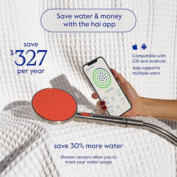hai Smart Shower Head, Bluetooth Handheld Water Saving Showerhead with Adjustable High Pressure to Spa-Like Mist, Stainless Steel, Easy Installation, Customizable LED Lights, Persimmon, 2.5 GPM
