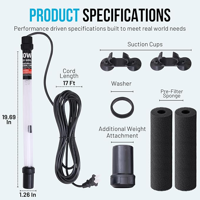 40W UV Water Sterilizer with 17ft Cable for 300-3000 Gallon Aquariums, Ponds & Pools - Professional UV Clarifier for Green Water Control in Koi Ponds, Fish Tanks, Spas & Cold Plunge