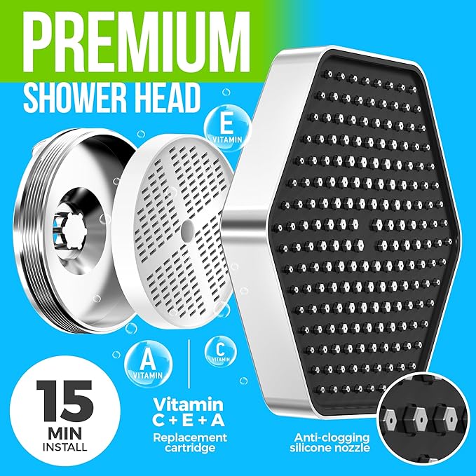 AquaHomeGroup Luxury Rain Shower Head with Filter - Reduces Chlorine, Rust and Sediment - Vitamin C E and A - High Pressure - Massage Modes - Chrome