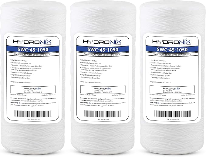 Hydronix HX-SWC-45-1005/3 Universal Whole House Sediment String Wound Water Filter Cartridge 4.5 inch x 10 inch - 5 micron - 3 Pack, White