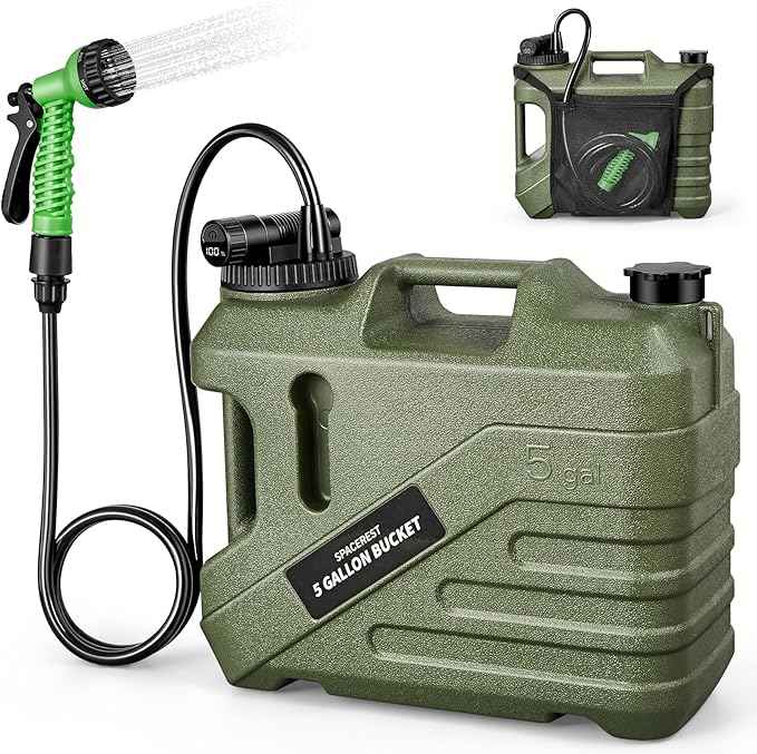 Integrated Portable Shower for Camping – Spill Resistant, 7-Mode Shower Head, Electric Camping Shower with 5 Gallon Food-Grade Water Jug, Easy to Store for Hiking, Beach, IPX7 Waterproof