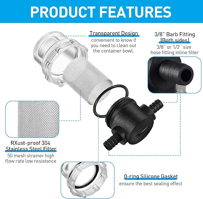 Water Pump Strainer, 3/8 Inch Hose Barb In-Line Strainer Twist-On Sprayer Filter for Water Pump 12V DC 80 PSI RV Camper Marine Boat Lawn