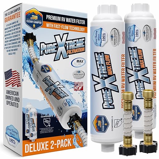 Clean Camper RV Inline Ultra-Premium Water Filter | Certified Carbon Activated Water Filtration | Filters Out Lead, Chlorine, Sediment & More | Experience Clean Water in Your RV | 2 Pack