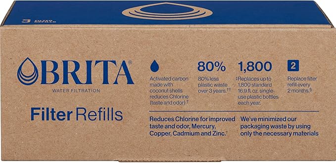 Brita Refillable Water Filter Refill Packs for Pitchers and Dispensers, BPA-Free, 80% Less Plastic*, Each Lasts Two Months, For Use with Refillable Shell (Sold Separately), 3 Filters