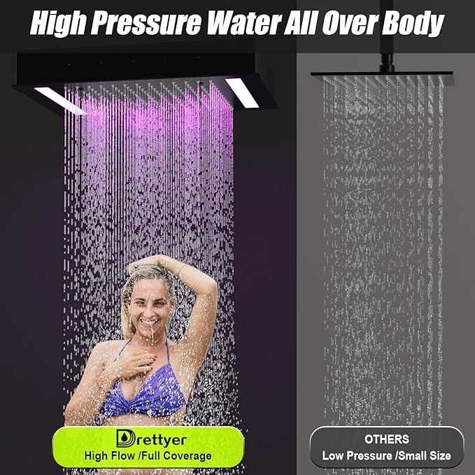 14x20 Inch LED Rainfall Shower Head- High Pressure Overhead Shower Heads with Water Filter Large Square Ceiling Mounted Bath Showerhead for Strong Spray & Relaxing Rain Shower (Black)