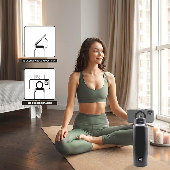 Magsafe compatible insulated water bottle with magnetic phone holder stainless steel 24oz hot 12h & cold 24h 360 rotate double wall stainless steel magnetic water bottle phone mount with straw