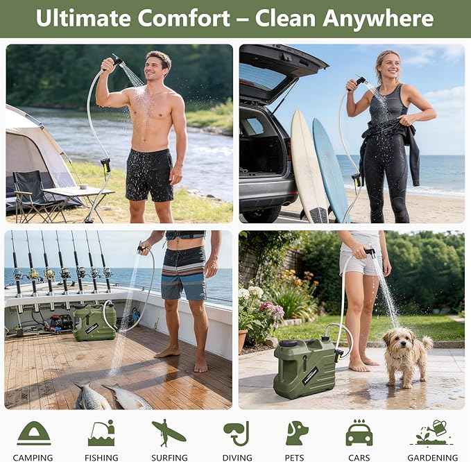 Portable Shower for Camping with Integrated Design – Spill-Resistant, Electric Camping Shower, 5-Gallon Food-Grade Water Jug for Outdoor, Beach, Hiking, Dog Wash, 2 Batteries