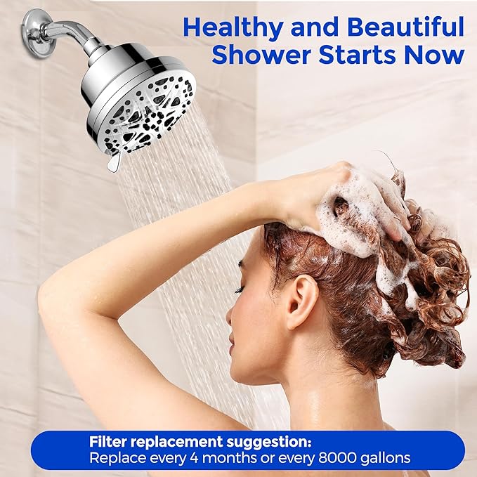Filtered Shower head, Water Softener Showerhead with Shower Filter for Hard Water, High Pressure, Improves Skin & Hair, Chrome Finish