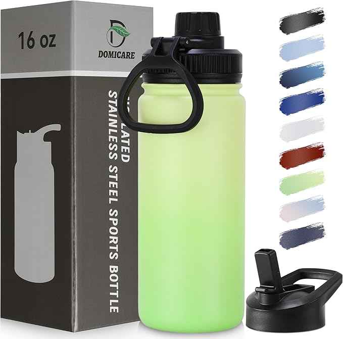 DOMICARE 16 oz Water Bottle Stainless Steel Double Wall Vacuum Insulated Water Bottle with Straw lids & Spout Lid, Leakproof