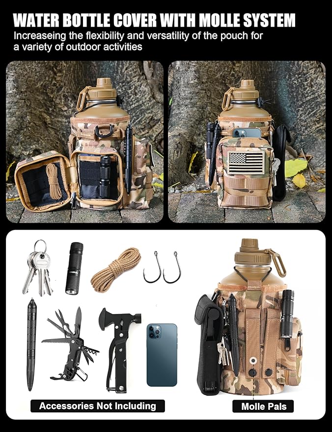 Tactical Half Gallon Water Bottle with Straw, 64 Oz Insulated Water Jug with Molle Water Bottle Holder, Stainless Steel Sport Bottle with 3 BPA Free Lids for Gym Workout Hiking (Brown)