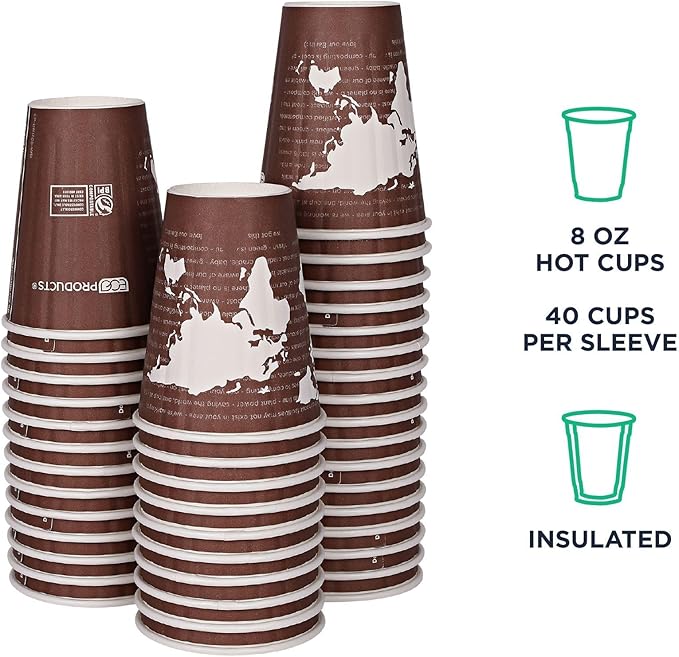ECO PRODUCTS Compostable Disposable Insulated World Art 8oz Coffee Cups, Case of 800, Renewable Double-wall Hot Paper Cup, Plant Based PLA Lining, No Sleeves Needed, Color Coded