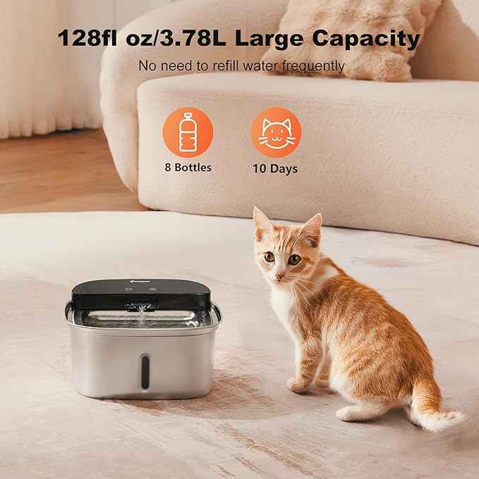 Wireless Cat Water Fountain Stainless Steel, 128oz/3.78L Cordless Automatic Water Dispenser for Cats and Dogs, Battery Operated Drinking Fountain for Pets with Motion Sensor, Ultra Quiet Pump