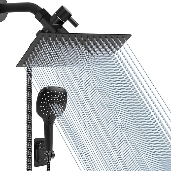 NearMoon Shower Head with Hose, High Pressure Stainless Steel Rain Shower and 3 Settings Handheld Spray Combo with Push Button Flow Control (12 Inch, Matte Black) - AquaVibe