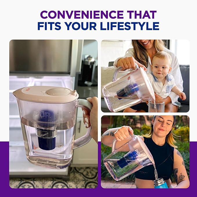 PUR 7-Cup Water Pitcher, 1 Genuine Filter, Cleaner, Great-tasting Water, Dishwasher Safe, Powerful, Faster Filtration, LockFit Cap Design - Blush