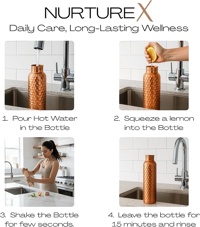 Copper Water Bottle, 34 Oz / 1 Liter, ANTI-TARNISH Protective Coating, Leak-Proof, Joint-Free, Handcrafted, Eco-Friendly & Ayurvedic Drinkware for Yoga, Gym & Office - Hammered