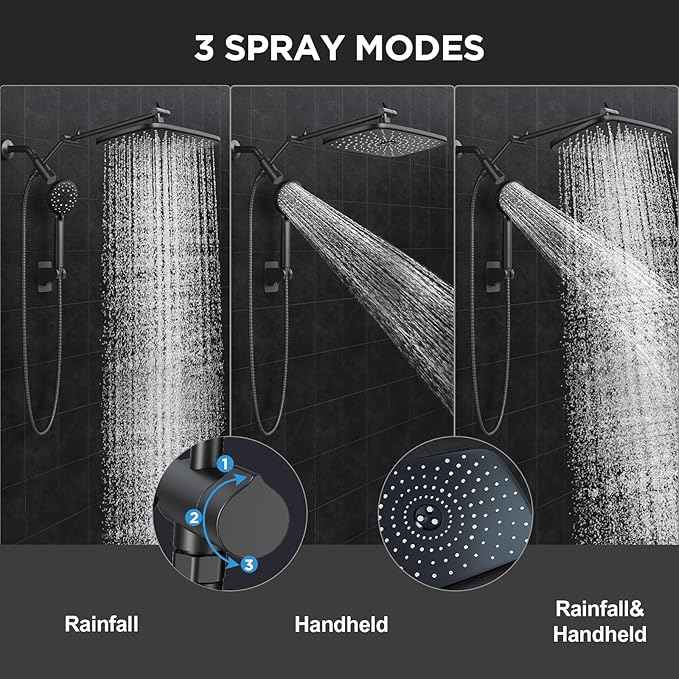 Veken 11.8" Rain Shower Head with Handheld, Family's Choice Award, High Pressure Handheld Shower Heads with Multi Spray Modes, Rainfall Combo with Extension Arm,Detachable Dual Shower, Matte Black