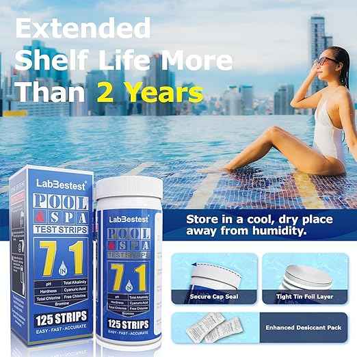 Pool Spa Hot Tub Test Strips - 125 Pool Spa Test Strips - Swimming Pool Water Testing Kit - Rapid Accurate Easy to Test pH, Hardness, Cyanuric Acid, Chlorine, Bromine, and More (7-Way)
