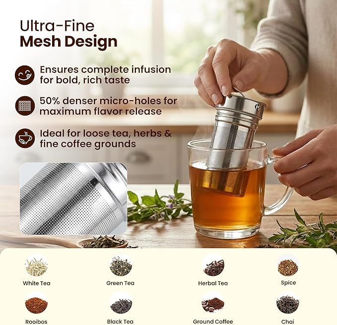 Lexlion Water Bottle Tea Infuser for Loose Leaf Brewing – Reusable & Portable Stainless Steel Filter for Fruit, Coffee, Iced, Herbal, and Black Blends – Round Strainer
