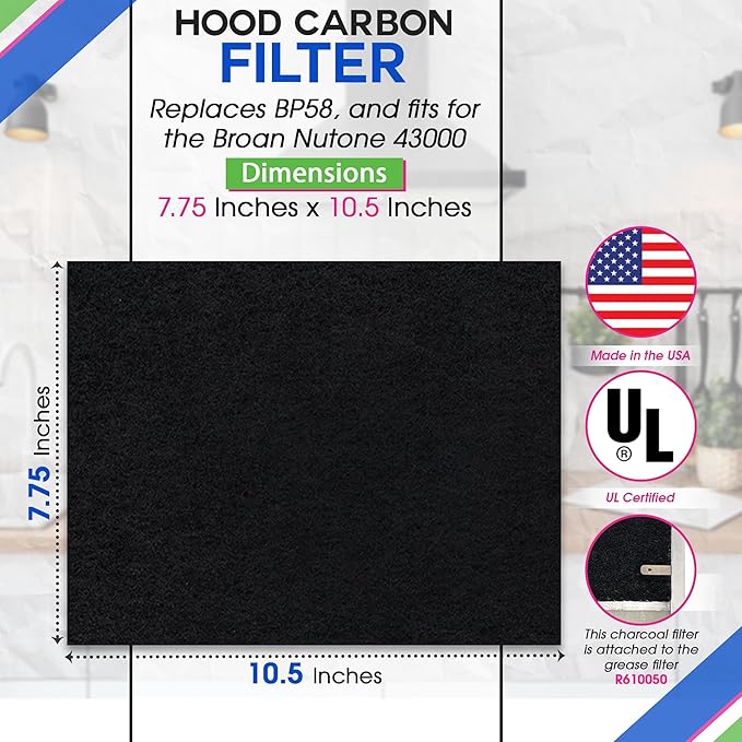 Range Hood Charcoal Filter 7.75” x 10.5” - Fits Broan and Nutone BP58 For 43000 Series Range Hoods - Broan Range Hood Filter Replacement - Carbon Stove Vent Fan Filters Removes Kitchen Odors (1-Pack)