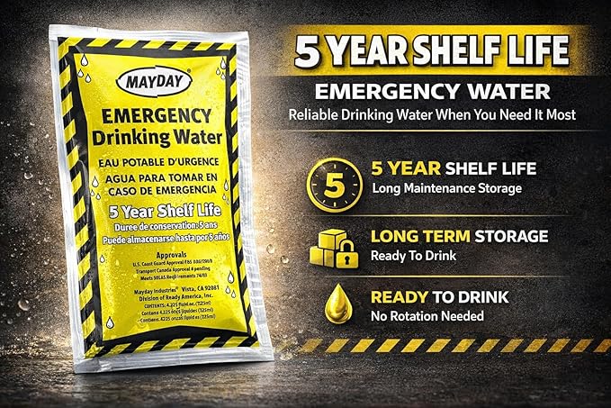 Mayday Pouch Water, Coast Guard Emergency Water, 5-Year Shelf LIfe, Disaster Preparedness Supplies for, Earthquake, Fire, Flood, Leak-Proof Pouches, 4.225 Oz/125Ml 50 Pack