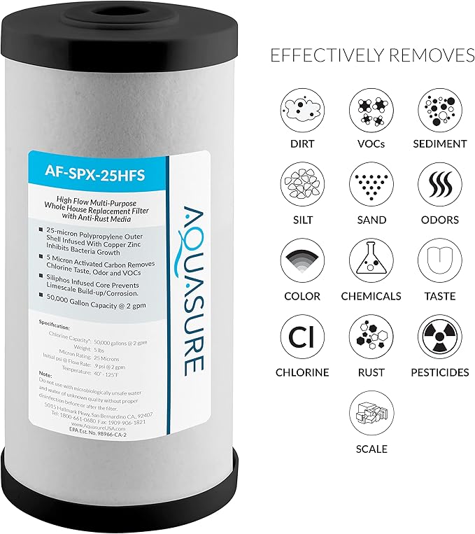 Aquasure Fortitude V2 Series AF-SPX-25HFS Sediment/Carbon/Siliphos Anti-Rust Media, Bacteria & Scale Inhibitor, Triple Purpose Whole House Replacement Filter Cartridge For AS-FS-25SPX, Standard Size