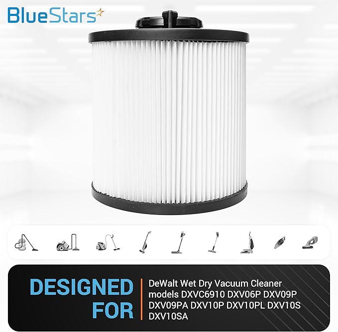 BlueStars Ultra-Durable Replacement DXVC6910 Vacuum Filter for 6 to 16-Gallon DeWalt Wet Dry Vacuum Cleaner DXV06P DXV09P DXV09PA DXV10P DXV10PL DXV10S DXV10SA DXV10SB DXV12P DXV14P - Pack of 2 - AquaVibe