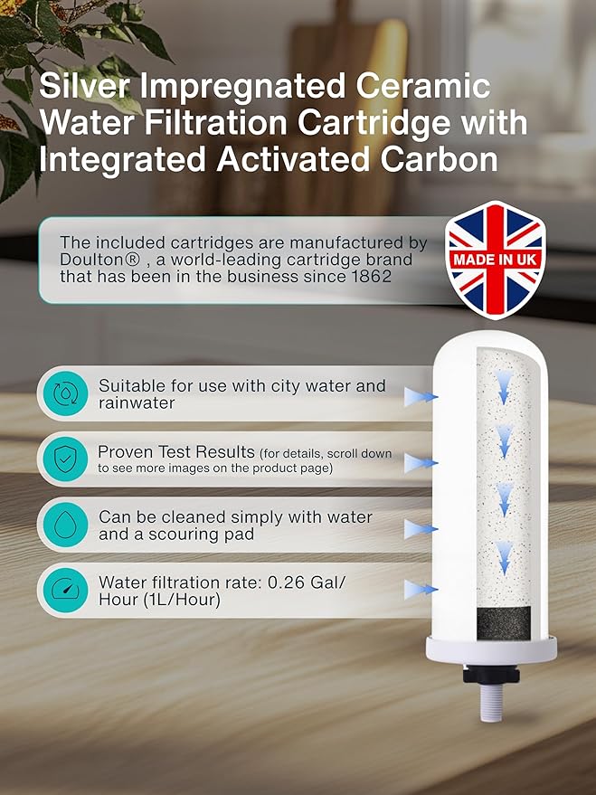 Countertop Gravity Water Filter System - 4.23 Gal/16L | 304 Stainless Steel | Gravity-Fed Water Purifier with 2 Fluoride & Chlorine Reduction Ceramic Cartridges | Also Removes Bacteria & Heavy Metals