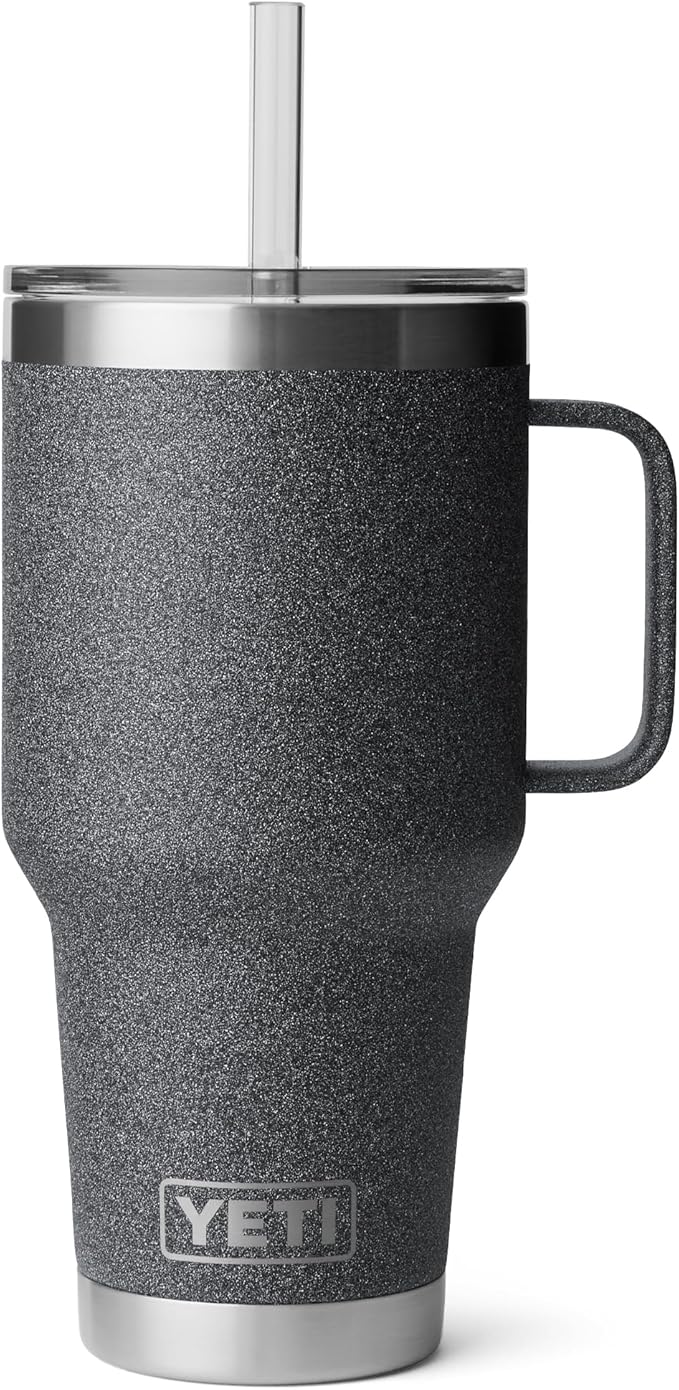 YETI Rambler 35 oz Tumbler with Handle and Straw Lid, Travel Mug Water Tumbler, Vacuum Insulated Cup with Handle, Stainless Steel, Black Stone