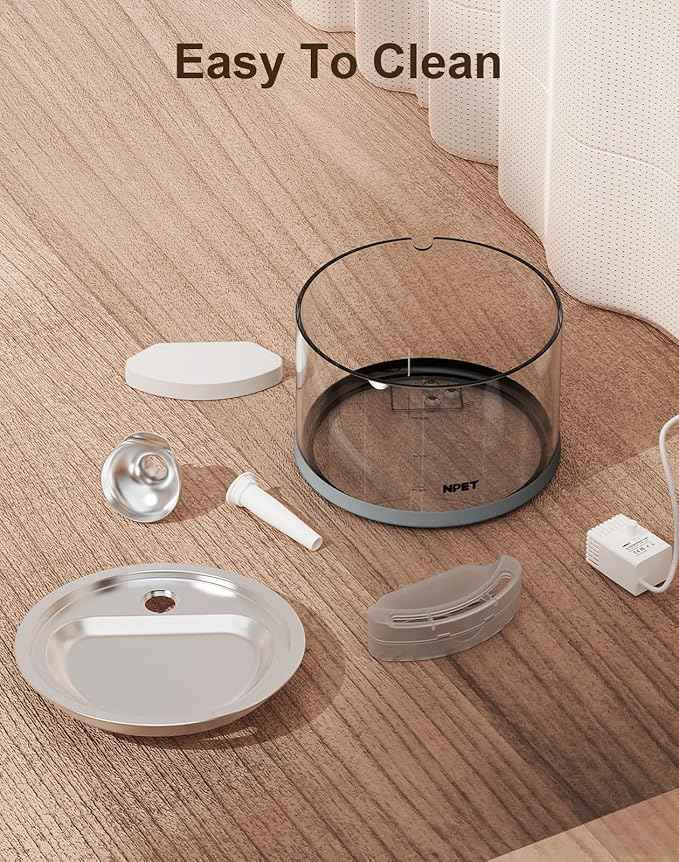 NPET N280 Glass Cat Water Fountain - 2.8L Automatic, Ultra-Quiet Pump with Stainless Steel Tray, Easy to Clean & Eco-Friendly for Cats and Dogs