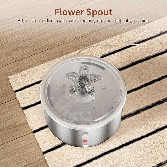 Stainless Steel Cat Water Fountain, 68oz/2.0L Cat Fountain with Flower Waterfall Spout Pet Water Fountain for Cats Indoor, Dog Water Fountain with Sponge