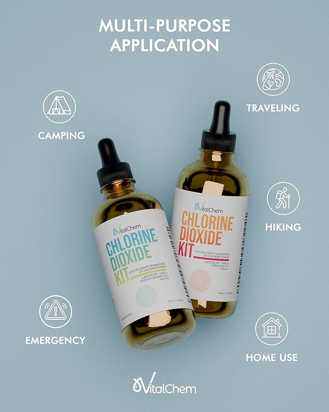 Chlorine Dioxide Kit | Glass Bottles with Droppers | Citric Acid 50% and Sodium Solution | 8 oz Total