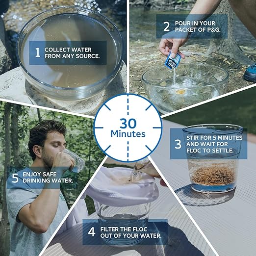 P&G Purifier of Water Portable Water Purifier Packets. Emergency Water Filter Purification Powder Packs for Camping, Hiking, Backpacking, Hunting, and Traveling. (12 Packets)