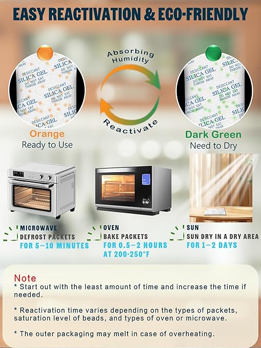 5 Gram (50 Pack) Color-Indicating Silica Gel Packets, Premium Food Grade Desiccant - Rechargeable Moisture Absorbers for Food Storage, Electronics, 3D Filament & Safes