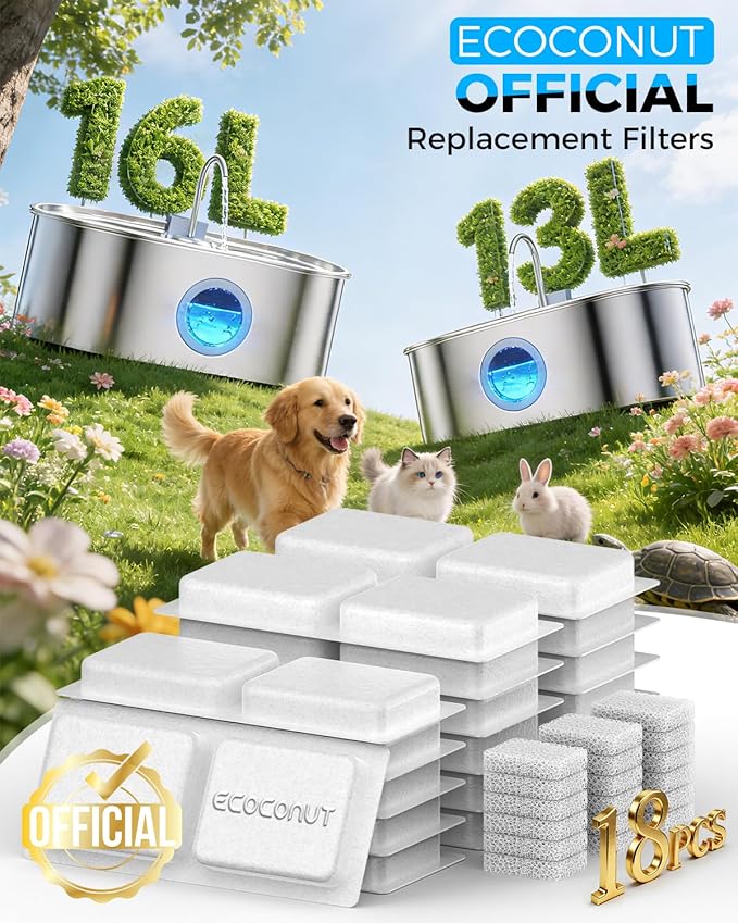 18 Pack Dog Water Fountain Filters: Pet Water Fountain Replacement Filters, Including 18 Filters + 18 Sponges, Suitable for ECOCONUT 3.4Gal & 4.2Gal Dog Water Fountain