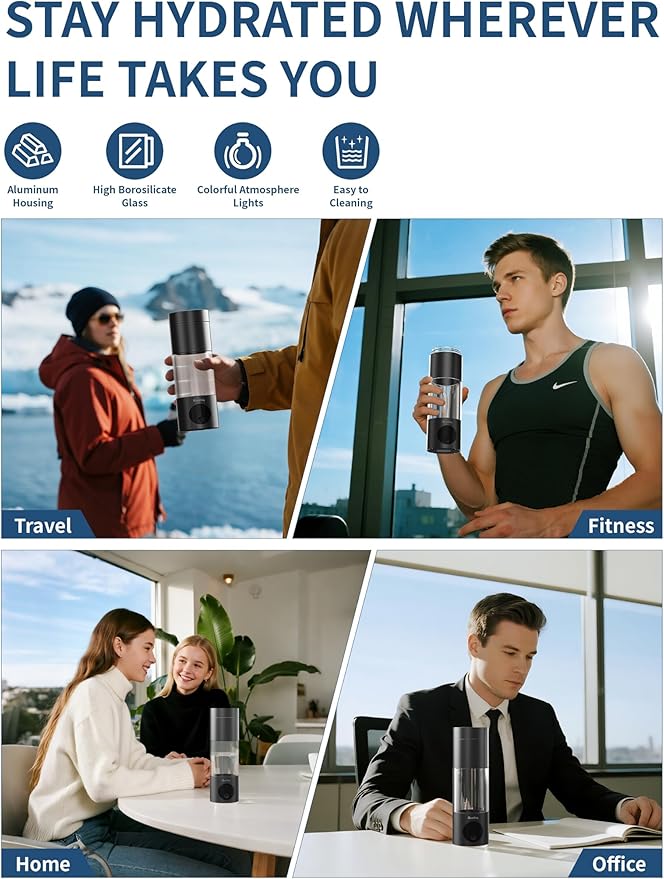 Hydrogen Water Bottle - 6000PPB High Concentration Hydrogen Water Generator | Portable SPE/PEM Ionizer with OLED Display, 230ml for Fitness, Office, Travel & Healthy Gifts