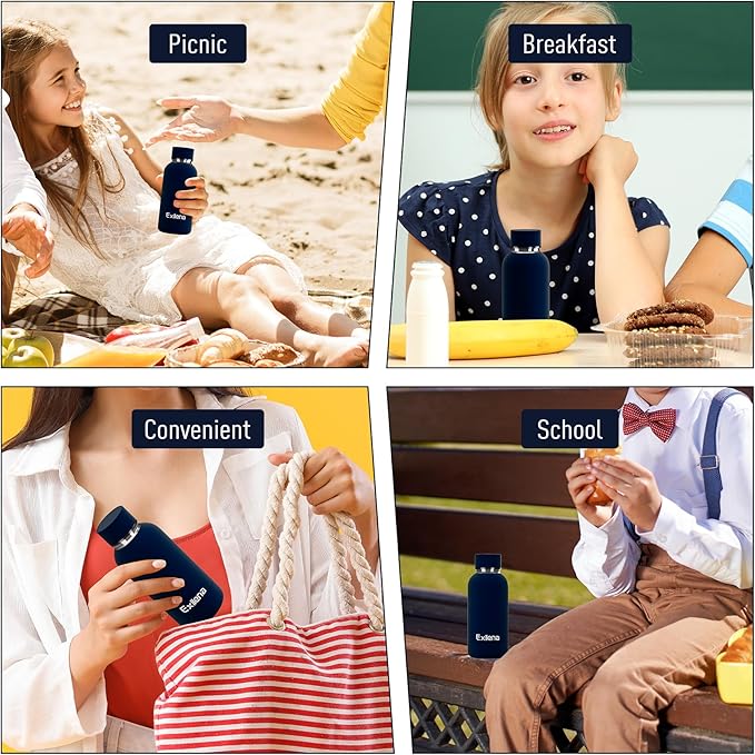 Exllena Small Water Bottle 12oz with Clip, Double Wall Stainless Steel Vacuum Small Insulated Water Bottle Keeps Drinks Cold 24 Hrs/Hot 12 Hrs for Kids Handbag School BPA Free (Navy Blue)