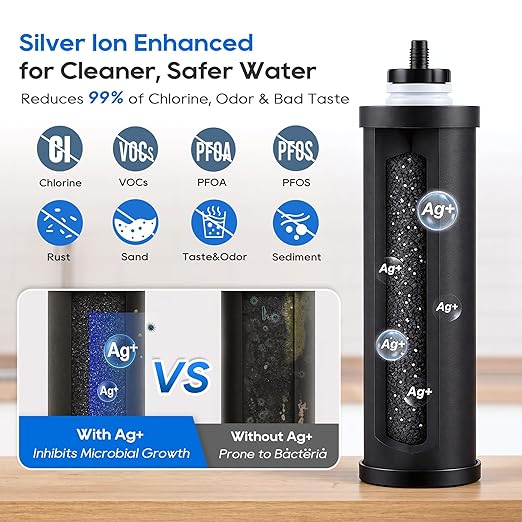 LCF 𝐒𝐢𝐥𝐯𝐞𝐫 𝐈𝐨𝐧𝐬 Enhanced UV-C Gravity Water Filter, Advanced Alternative to Berkey Water Filter System, NSF42 Standard, Reduces 99% Chlorine & Baçtёria, 6 Filters, Water Level Spigot, 3Gal
