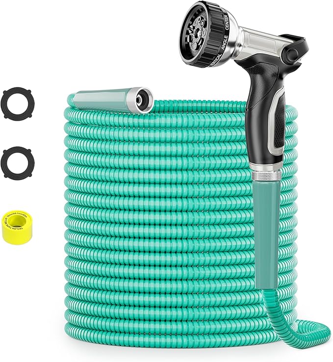 50ft 304 Stainless Steel Garden Hose Metal, Heavy Duty Water Pipe with Nozzles for Yard, Outdoor - Flexible, Never Kink & Tangle, Puncture Resistant (Aqua)