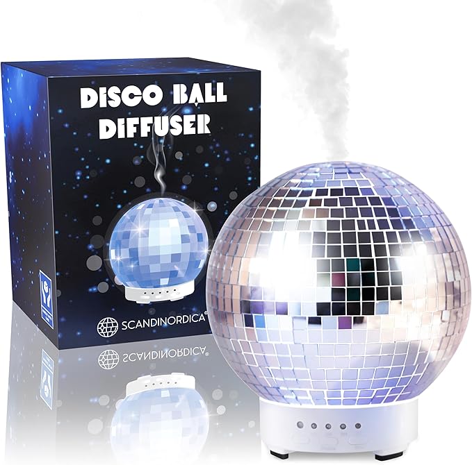 SCANDINORDICA Disco Ball Diffuser - Original Rotating Disco Essential Oil Diffuser with Whisper Quiet Operation, 14 Color Night Light & 4Time Settings | Cute Eclectic Home Decor for Medium Room Silver