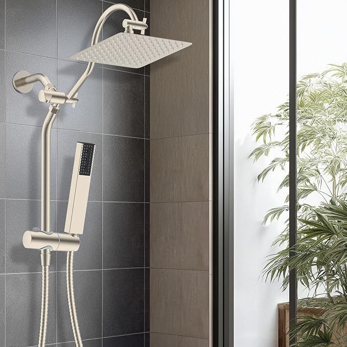 Hibbent cUPC Certified High Pressure 10'' Rainfall Shower Head, Showerhead Combo with 4-mode Handheld Spray, 12'' Adjustable Extension Arm, Extension Bar, Easy Reach Holder, 71'' Hose, Brushed Nickel