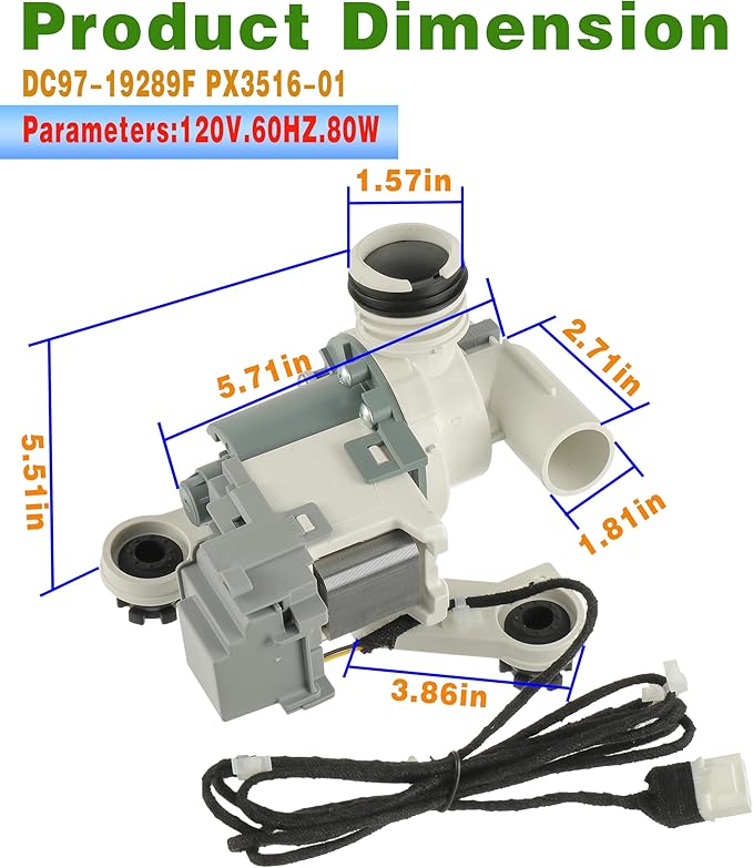 Upgraded DC97-19289F DC97-19289B PX3516-01 Washer Drain Pump Assembly Compatible with Samsung Washing Machine Replaces DC97-19289A DC97-17366A DC97-17366J DC97-17349B AP6806651 PS12592631 EAP12592631
