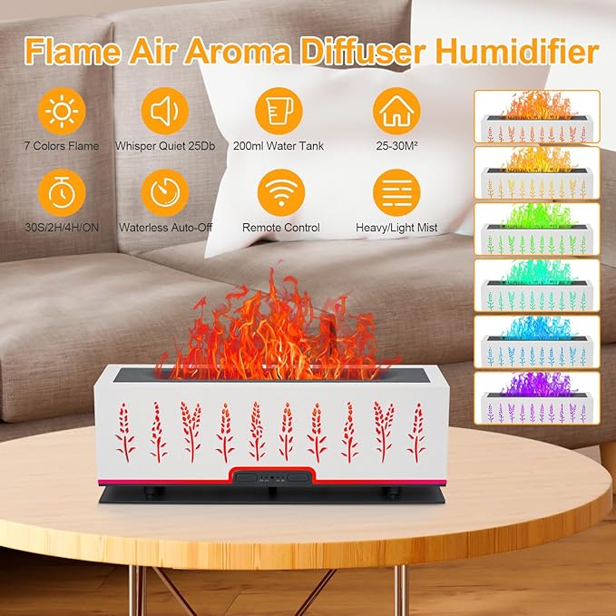 Colorful Essential Oil Diffuser, 7 Colors Flame Diffuser Changing Aromatherapy Diffuser, 200ml Cool Mist Ultrasonic Diffuser for Office, Home,Bedroom (Timeable, Waterless Auto Off- White)
